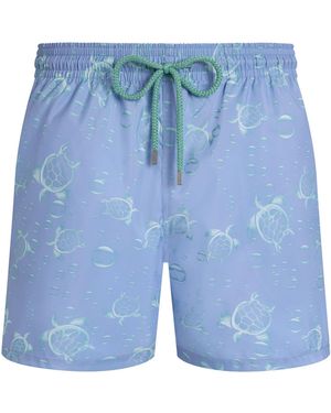 Vilebrequin Herrens Badeshorts mit Schildkröten- und Wasserblasen-Aufdruck und passender Tasche - Blau