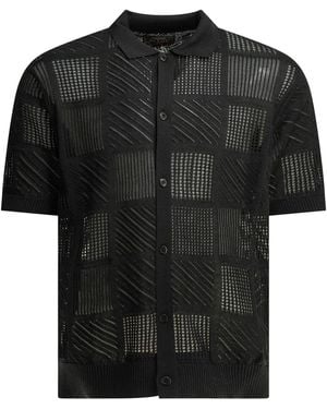 Beams Plus Cotton Nylon Spandex Textured Knit Button-Down Polo Shirt - Black