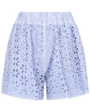 120% Lino Shorts Con Motivo Traforato - Blue