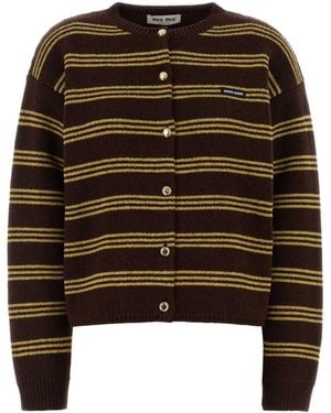 Miu Miu Embroidered Wool-Cashmere Cardigan With Striped Detail - Brown
