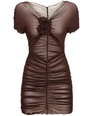 Philosophy Di Lorenzo Serafini Ruched Mini Dress With Floral Detail And Sheer Overlay - Brown