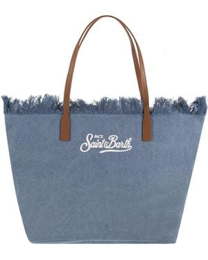MC2 Saint Barth City Denim Shopper Bag With Embroidered Logo - Blue