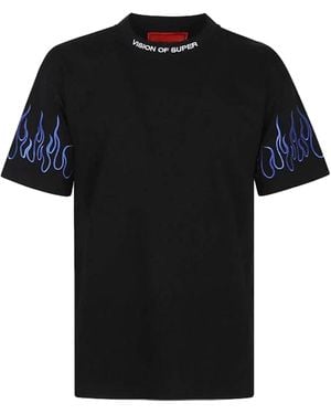 Vision Of Super T Shirt Nera Con Fiamme Blu Ricamate - Black