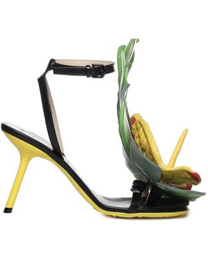Loewe Petal Monstera Leather Heeled Sandals - Black