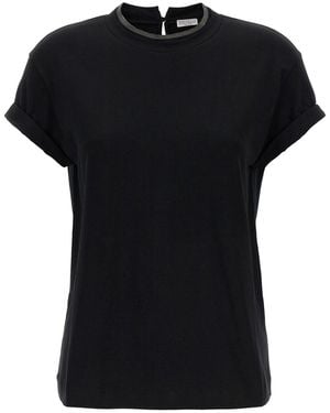 Brunello Cucinelli Stretch Cotton Jersey T-Shirt With Precious Faux-Layering - Black