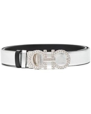 Ferragamo Gancini Strass Leather Belt - White