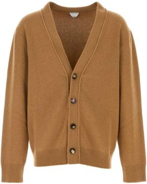 Bottega Veneta Cashmere Cardigan With Intrecciato Iconic Motif Leather Details - Brown