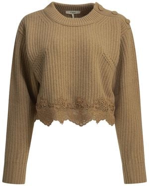 Chloé Rundhalspullover mit Spitze - Natur