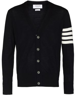 Thom Browne Cardigan Laine Mérinos Gris Chiné Col V Bandes Manche - Black