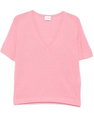 Closed Linen And Cotton V-Necked Jumper - Pink