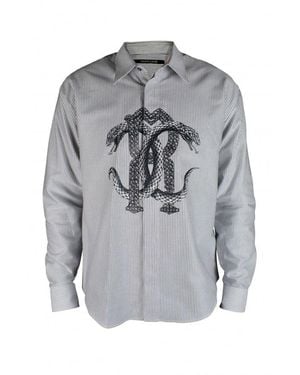 Roberto Cavalli Striped Cotton Shirt With Snake Print - Grey