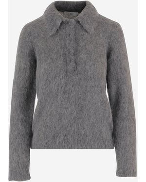 Chloé Alpaca Blend Polo Shirt With Brushed Finish - Grey