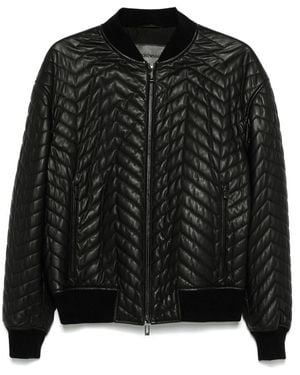 Emporio Armani Leather Bomber Jacket - Black