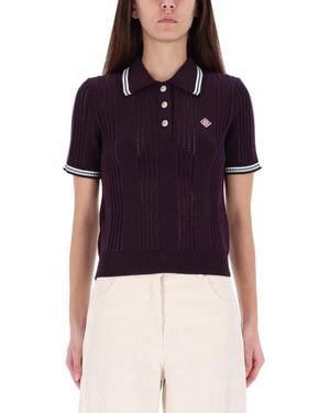 CASABLANCA Textured Cotton Knit Polo Shirt With Contrasting Accents - Blue