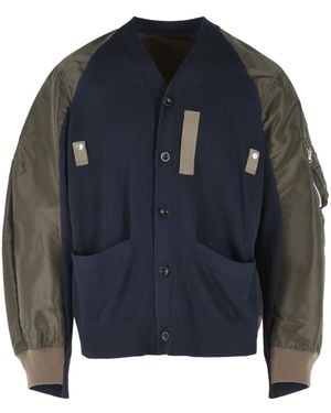 Sacai Cardigan aus marineblauer Baumwoll- und Khaki-Mischung