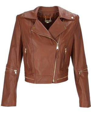 Elisabetta Franchi Cropped Leather Jacket With Asymmetrical Zipper And Accents - Brown