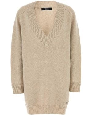 Versace Melange Wool Blend Jumper Dress - Natural