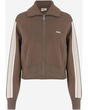Autry Viscose Blend Sweatshirt With Zipper And Side Stripes - Brown