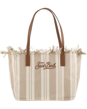 MC2 Saint Barth Striped Cotton Tote Bag With Leather Handles - Natural