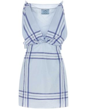 Prada Embroidered Cotton Mini Dres - Blue