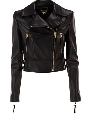 Elisabetta Franchi Classic Leather Biker Jacket With Structured Shoul - Schwarz