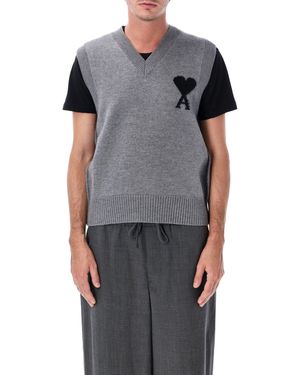 Ami Paris Felted Merino Wool Of Caur V-Neck Vest With Intarsia - Gray