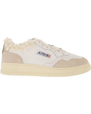 Autry Medalist Leather Sneakers With Shearling Trim - White