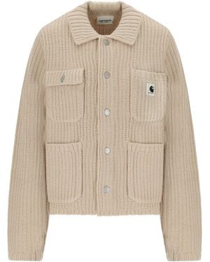 Carhartt Ribbed Knit Cardigan With Shirt Collar And Front Pockets - Natural
