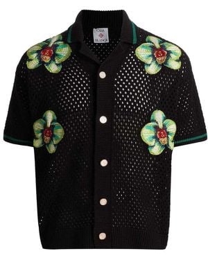 CASABLANCA Glitch Orchid Embroidered Crochet T-Shirt - Black