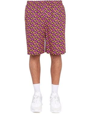 Versace Mini Silk Shorts With Greek Print - Red