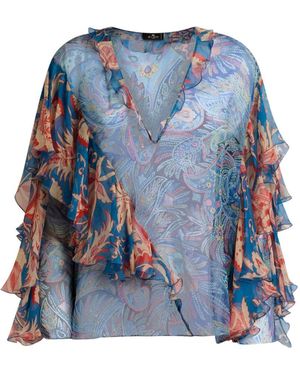 Etro Langärmelige Seidenbluse Mit Rüschen Und Blumenmotiv - Blau