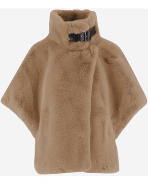 Pinko Short-Sleeved Plush Jacket With High Collar And Buckle Detail - Natural