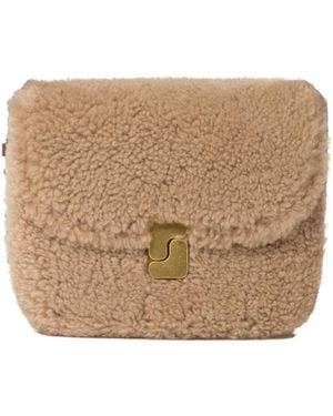 Soeur Shearling Mini Crossbody Bag With Buckle Flap - Natural