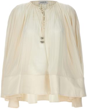 Lanvin V-Neck Wide Blouse With Drawstring Detail - Natural