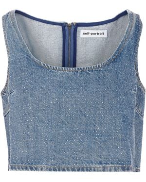Self-Portrait Rhinestone Denim Crop Top - Blue