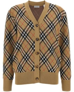 Burberry Check Print Wool Cardigan With V-Neckline - Braun