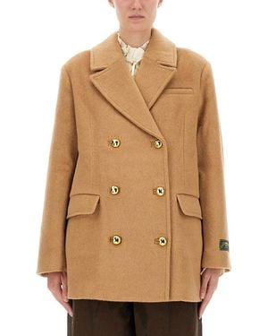 Ganni Double-Breasted Wool Blazer - Natural