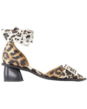 Ganni Schoenen ,Veelkleurig ,Leer Luipaardprint Blokhak Sandalen - Metallic