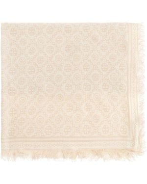 Tory Burch Monogram-Print Frayed Scarf - Natural