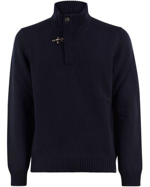 Fay Virgin Wool Sweater With High Neck And Hook Fastening - Blue