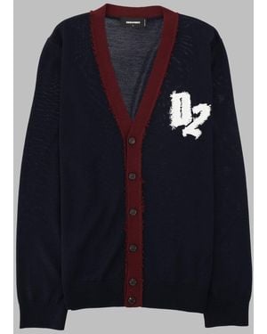 DSquared² Deep V-Neck Oversized Wool Cardigan With Contrasting Button Detail - Blue