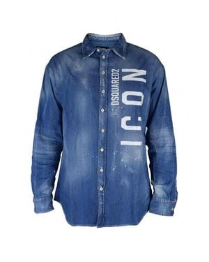 DSquared² Faded Denim Shirt With Iconic Print - Blue