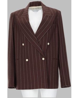 Alysi Pinstriped Double-Breasted Wool Blazer - Brown