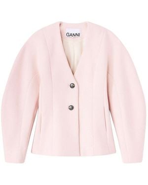 Ganni V-Neck Blazer Wool Jacket - Pink