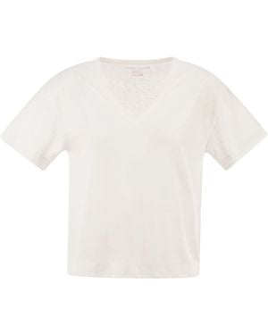 Majestic Majestätisches Stretch-Leinen-T-Shirt mit V-Ausschnitt - Weiß