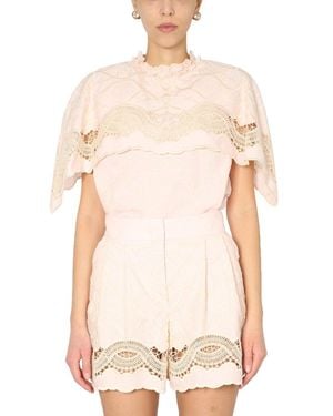 Alberta Ferretti Embroidered Cape Top - White