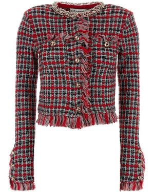Self-Portrait Self Portrait Check Frayed Knit Jacket - Red
