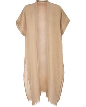 Peserico – Langer, leichter Baumwoll-Cardigan mit Mikro-Pailletten - Natur