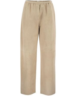 Antonelli Soft Suede Trousers With Elasticated Waist - Natural