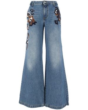 Ermanno Scervino High-Waisted Floral Applique Wide-Leg Jeans - Blue